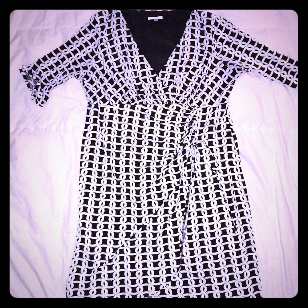 Black-and-white faux wrap dress